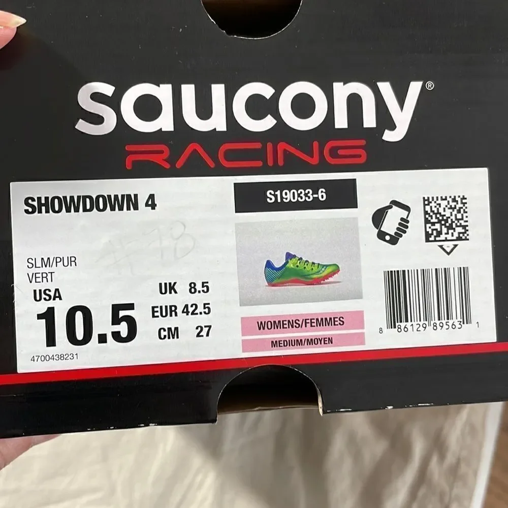 SAUCONY SHOWDOWN 4 RACING SHOES.  COLORS ARE GREEN/PURPLE PINK.  NEW IN …